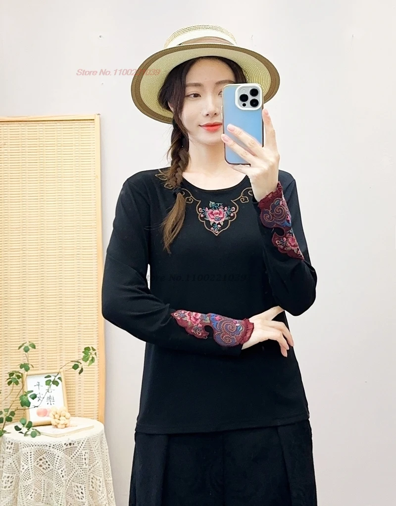 

2024 chinese traditional t-shirt woman national flower embroidery o-neck folk shirt vintage hanfu tops ethnic loose base shirt