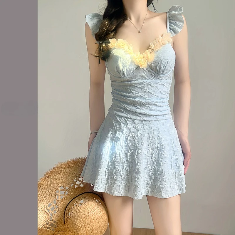 Korean Sexy One-piece Swimsuit Dress Kawaii Flutter Sleeves Backless Women's Swimwear with Built-in Bra and Shorts Bathing Suit