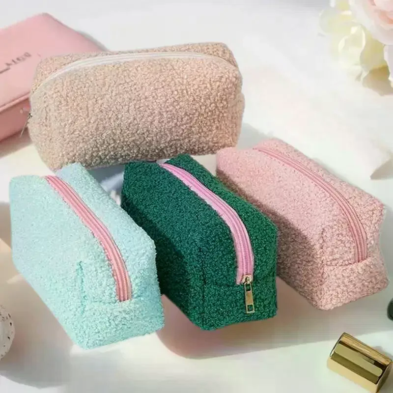 Lovely Plush Textured Makeup Storage for Women Travel-Friendly Compact Cosmetic Pouch Solid Hue Zip Up Toiletry Pouch