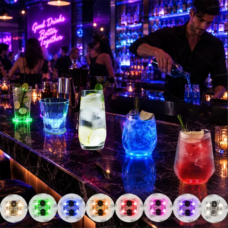 20-300PCS LED Coaster Stickers Cup Pad Bottle Light for Drinks Wedding Party Glasses Colorful Glowing Atmosphere Decor