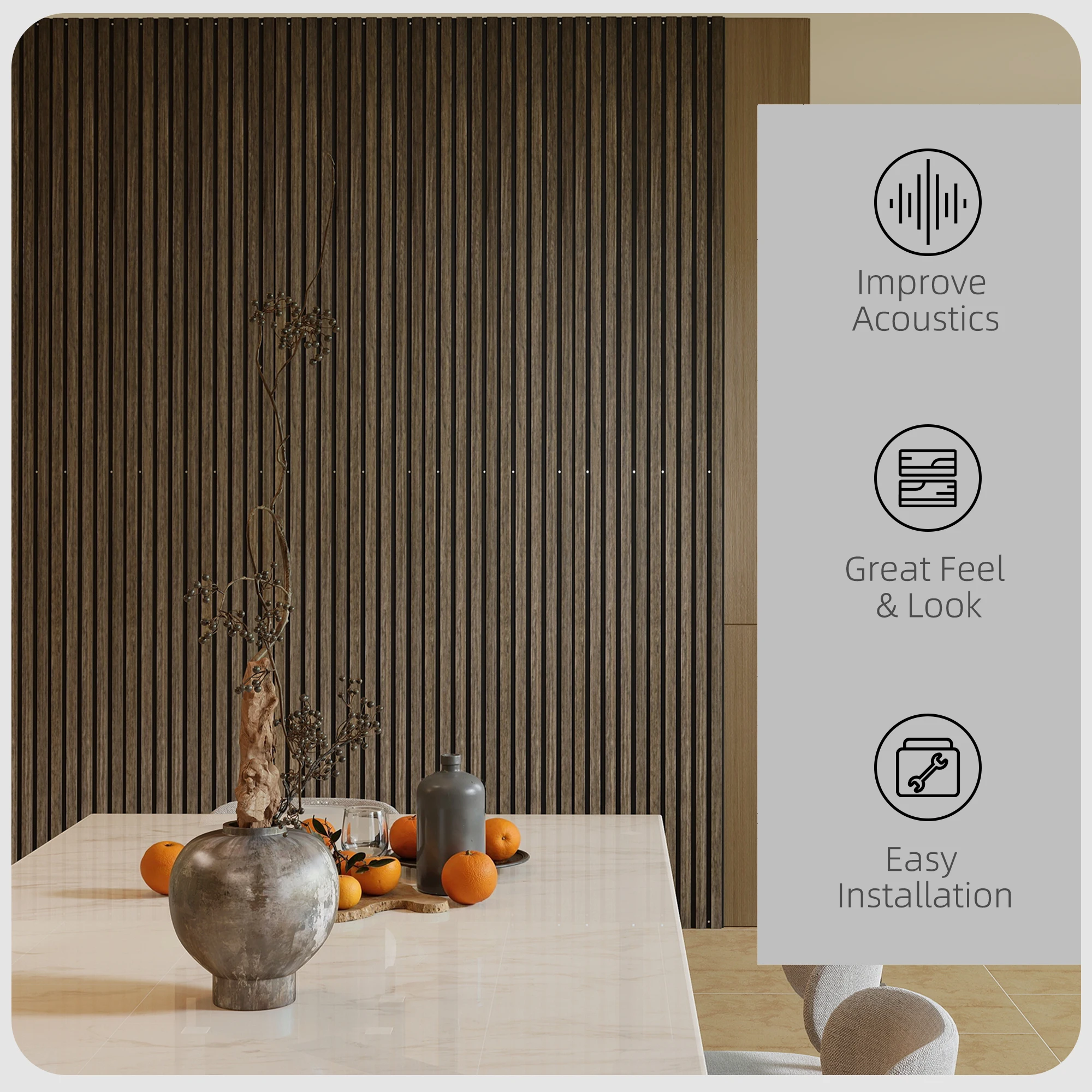Pacote com 4 Painéis Acústicos 3D, Painéis de Madeira Isolantes de Som de 95" x 8" para Parede, Painéis de Madeira para Teto Interior, Escritório, Home Theater, Estúdio, Nogueira