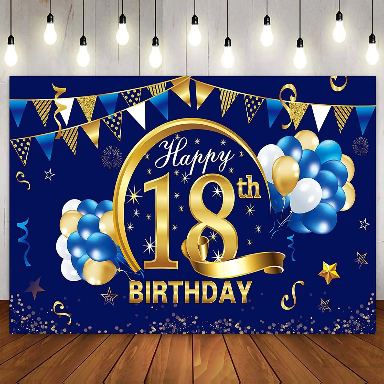 Happy 18th Birthday Party Decor Cake Banner Backdrop for Women Men Boys Girl 18 Years Old Black Gold Navy Blue Silver Background