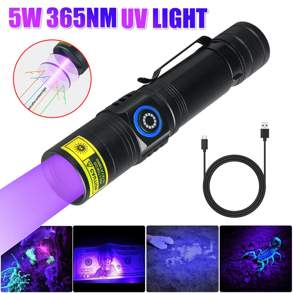 Senter LED UV Mini 365nm, lampu cermin hitam Ultra Violet, dapat diisi ulang USB, karpet Linternas ungu, detektor noda urin hewan peliharaan