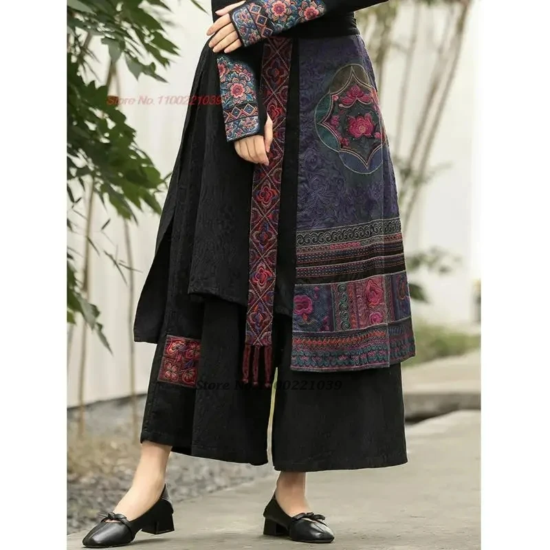 2025 national flower embroidery ethnic pants skirts chinese vintage wide leg pants traditional elastic waist tassels folk pants