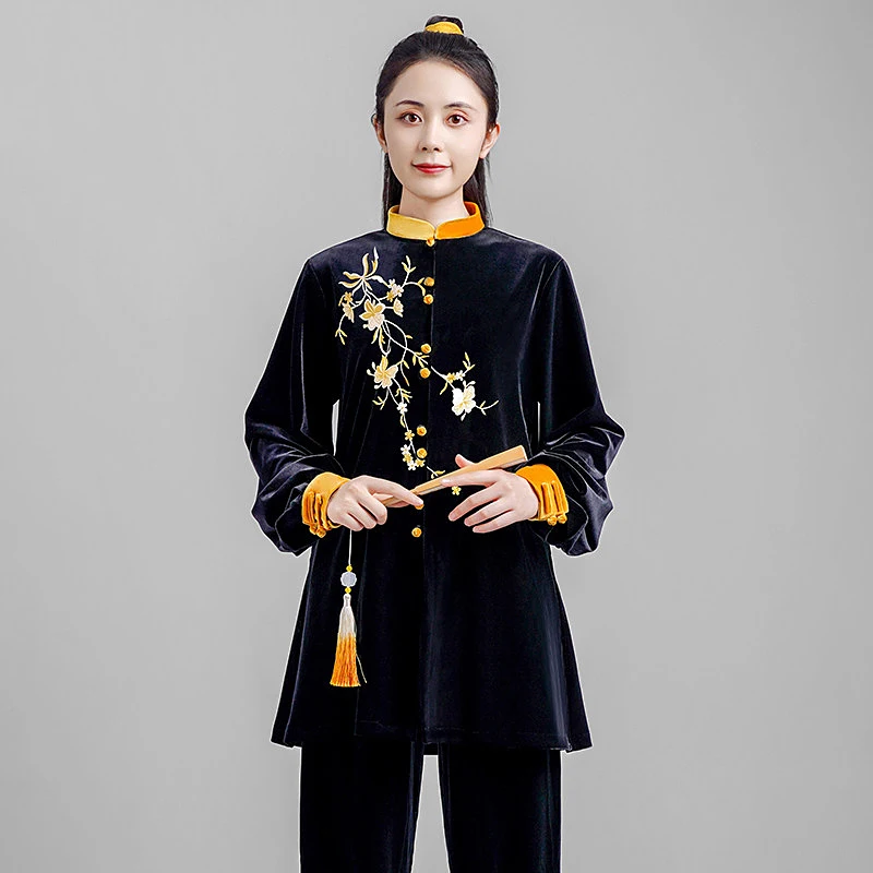 Autumn Winter Tai Chi Set - Chinese Style Youthful Design, Unisex Black Soft Fleece for Martial Arts Group Performance, Original