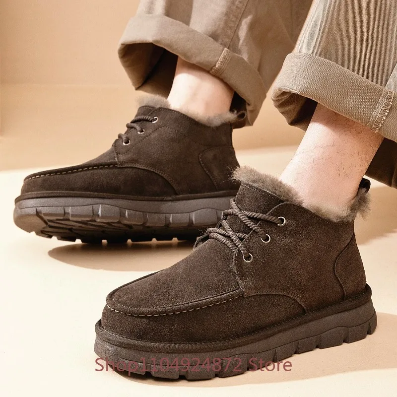 Men's Winter Snow Boots Genuine Suede Leather Warm Lace-up Thick Non-slip Sole Outdoor Casual Wool Cotton Shoes Mal Ankle Boots