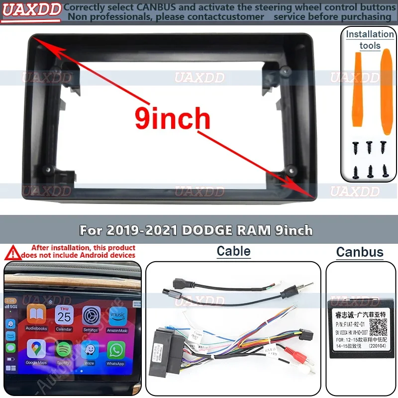 FOR 2019-2021 DODGE RAM 9INCH 2 Din Car Interior Android frame Kit panel Center fascia cable harness adapter decoder canbus box