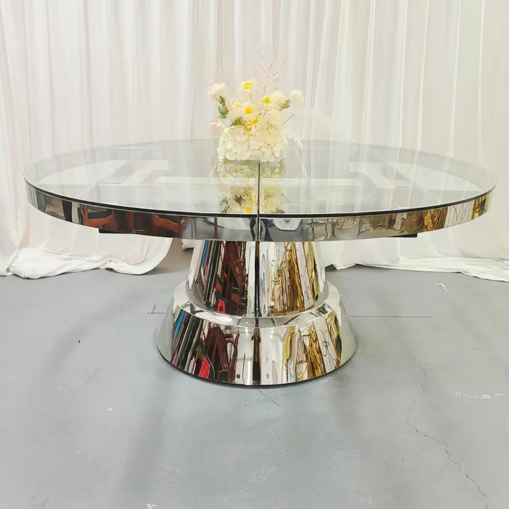 

FSDKX Hotel Mirror Luxury Silver Table Stainless Steel Round Wedding Dining Table