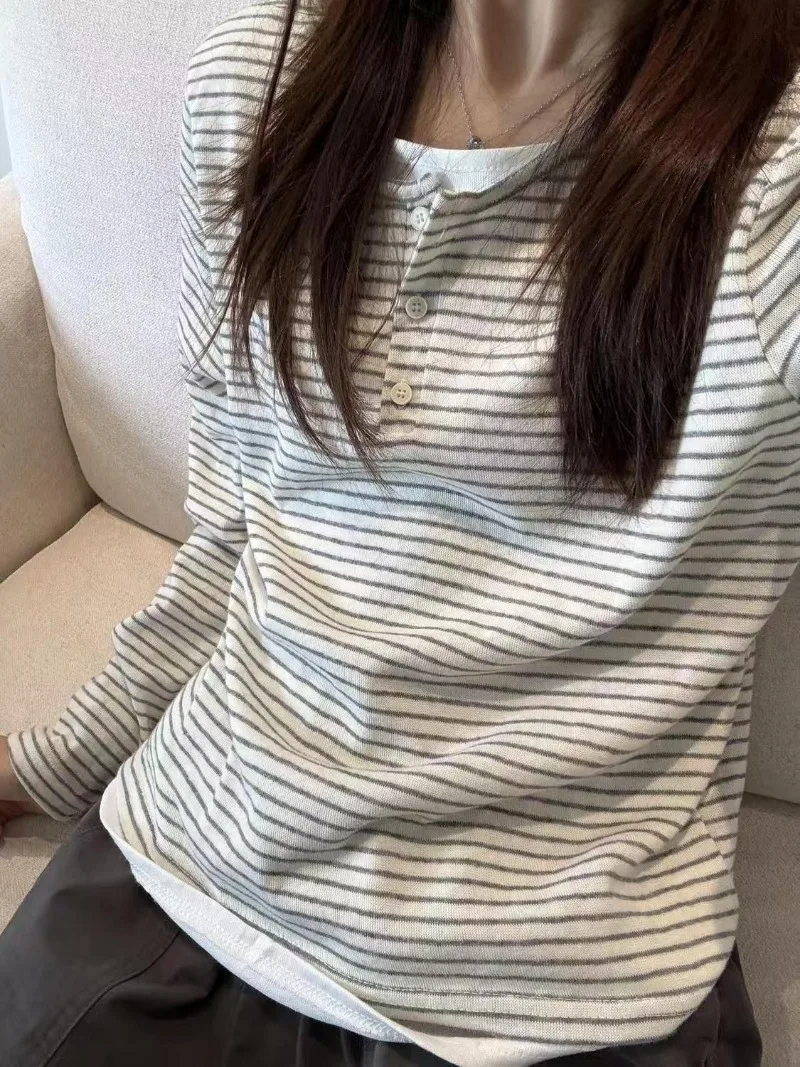 Faux Layering Long Sleeve T Shirt Striped Button Up Women's T-shirts Casual Tops Female Korean Fashion Basic Going Out Tshirts