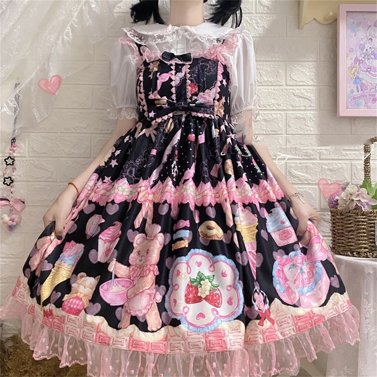 Japanische süße Art kawaii loli lolita jsk Mädchen cosplay niedlichen Druck Bär Erdbeeren Eis Punkt Spitze Rüschen Kleid