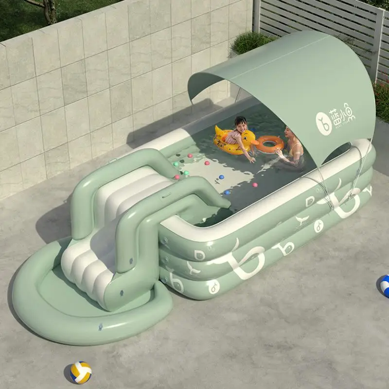 Inflatable Kid Swimming Pool with Awning Thicken PVC Large Children's Paddling Pool with Slide Outdoor Swimming Pools for Family