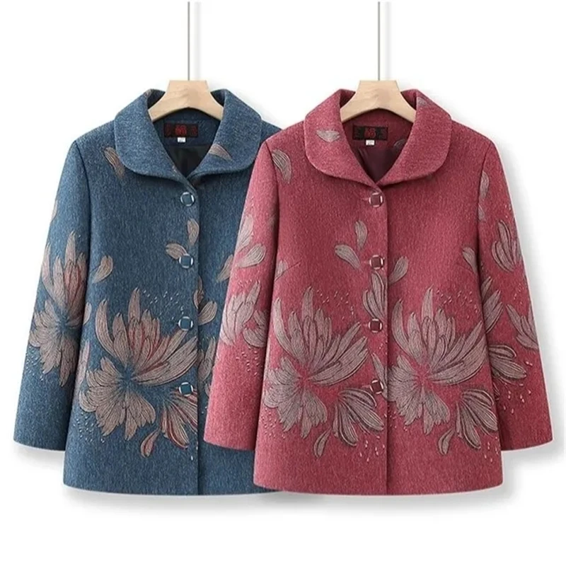 Vintage Middle-age Women flower Knit Sweater Cardigan Jacket 2025 Spring Autumn Fleece Thicken Outwear Tops Female Sweaters Coat