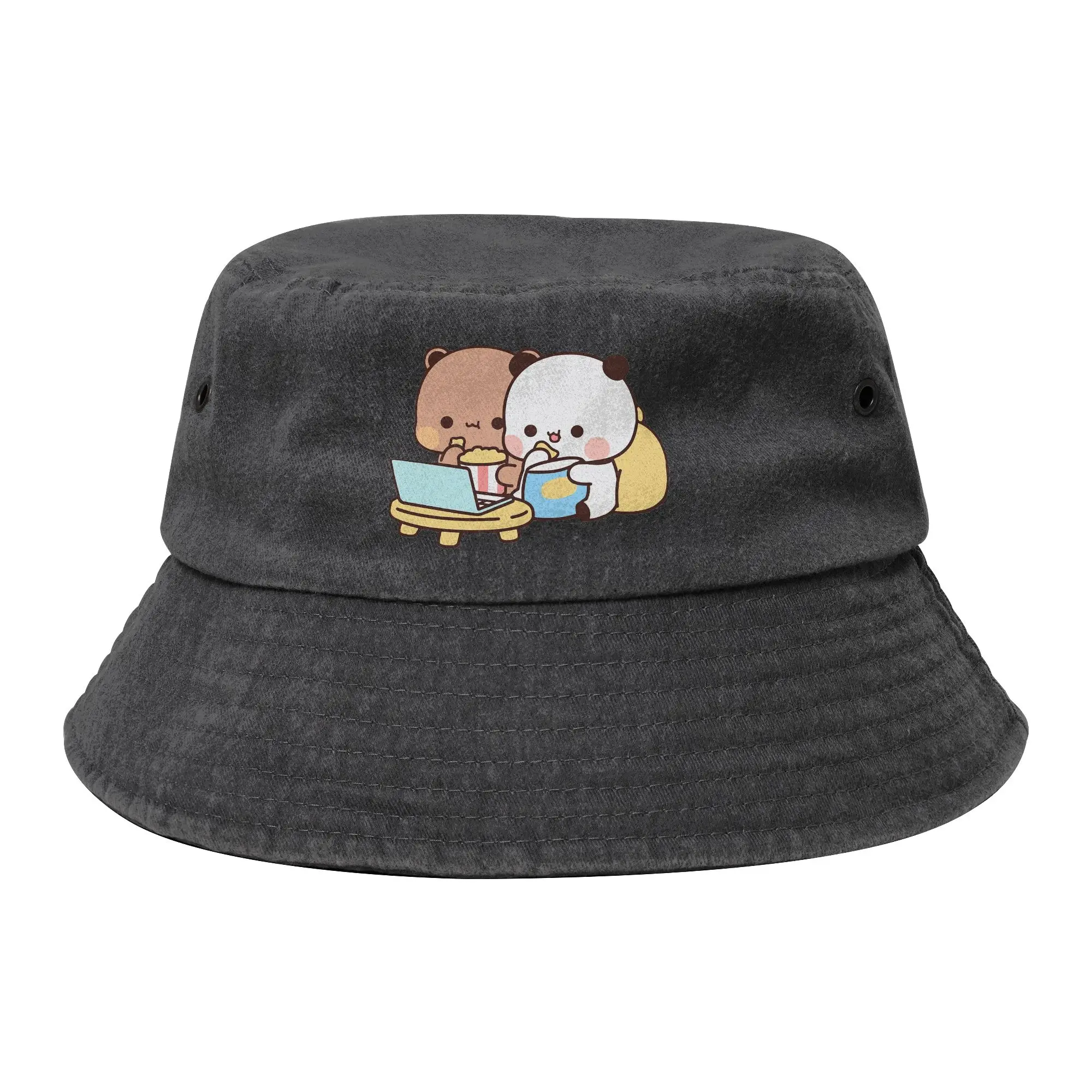 Panda Bear Anime Cartoon Bucket Hats for Women Men Summer Bubu And Dudu Distressed Denim Washed Floppy Hat Hiking Fisherman Cap