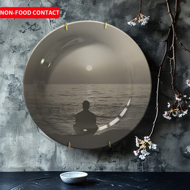 1pc Modern Minimalist Ceramic Decorative Plate - Ocean Theme Art Display, Hand-Painted Craft, Non-Food Contact, Round Shape,