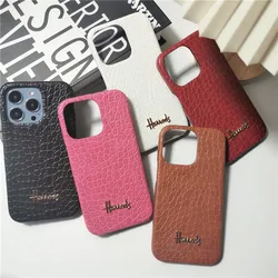 Luxury Business Metal Letters Couple Hard Case For Iphone 15 14 11 12 13 Pro Max 7 8 Plus Xr X Xs Animal Leather Cover Fundas
