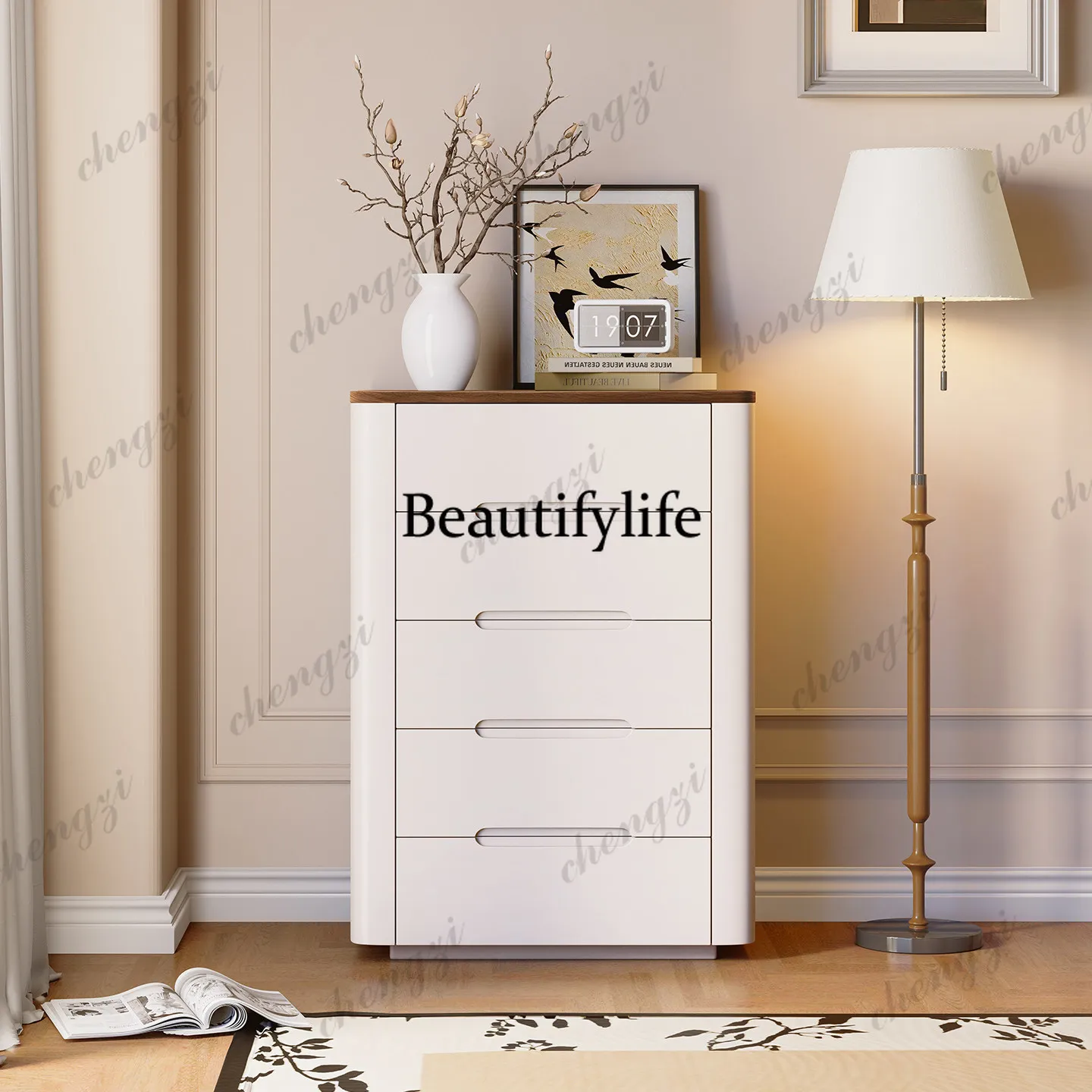 Solid wood chest, simple modern cream style storage, drawers, bedside bedroom, five-bucket living room, storage