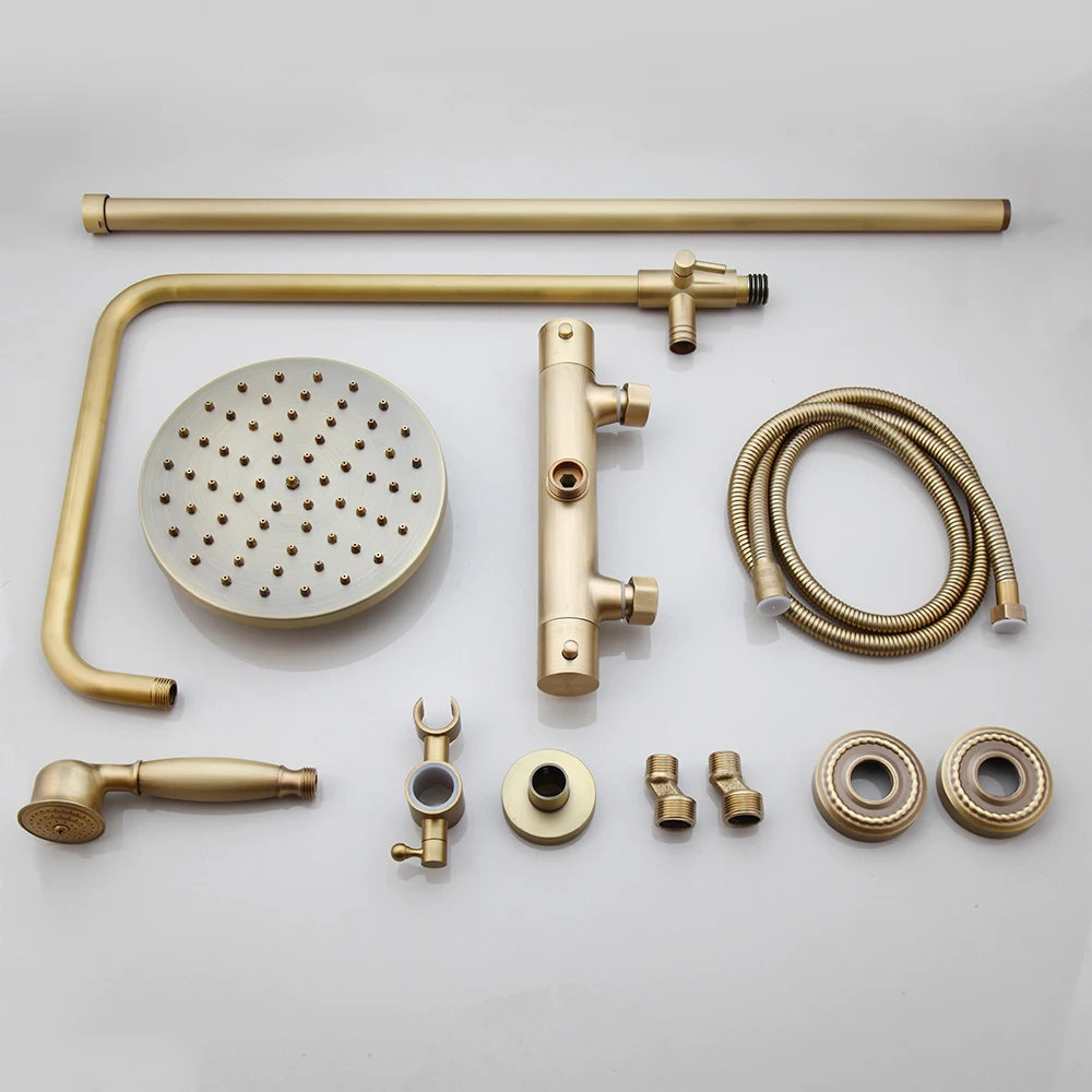 JIENI Bathroom Thermostatic Shower Faucet Set Antique Brass Wall Mounted Rainfall Shower Head W/ Single Handle Control Mixer Tap