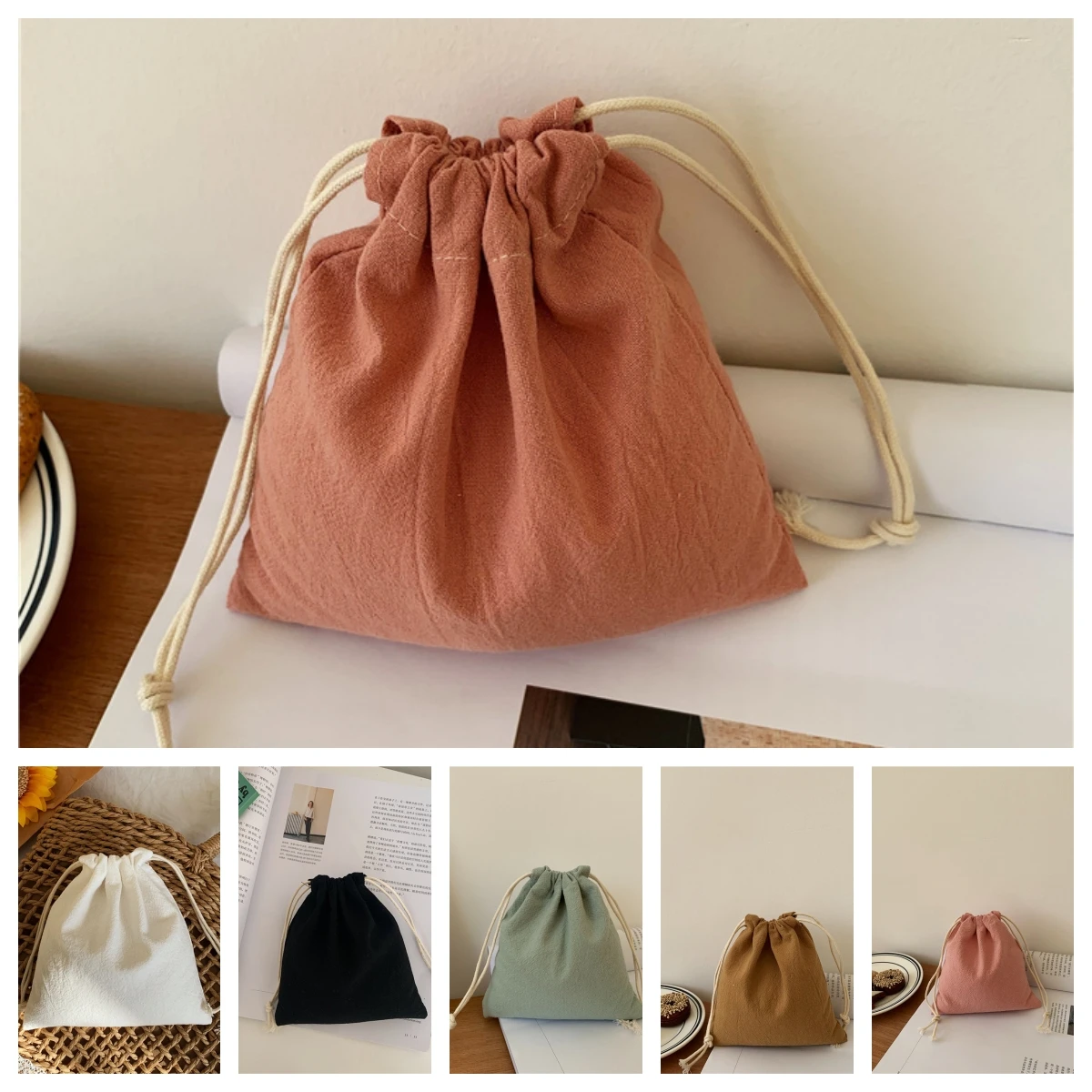 Japanese Drawstring Bag Solid Color Drawstring Bags Makeup Bags Women Cosmetic Bag Gift Bag Draw String Bags Coin Purse Wallet