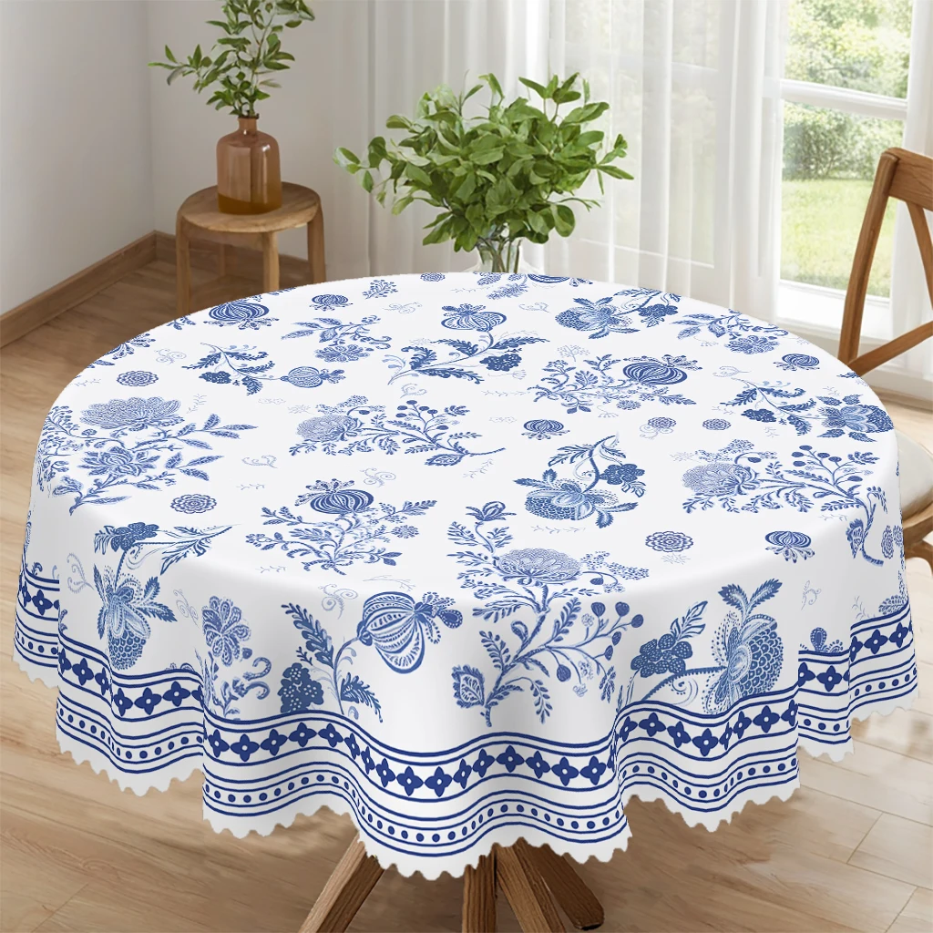 

Цельная винтажная круглая скатерть с цветочным принтом весны/лета, доступна в различных размерах, винтажная белая фоновая круглая декоративная скатерть с синим и белым переплетенным цветочным принтом, французский стиль, подходит для домашней кухни, чайной