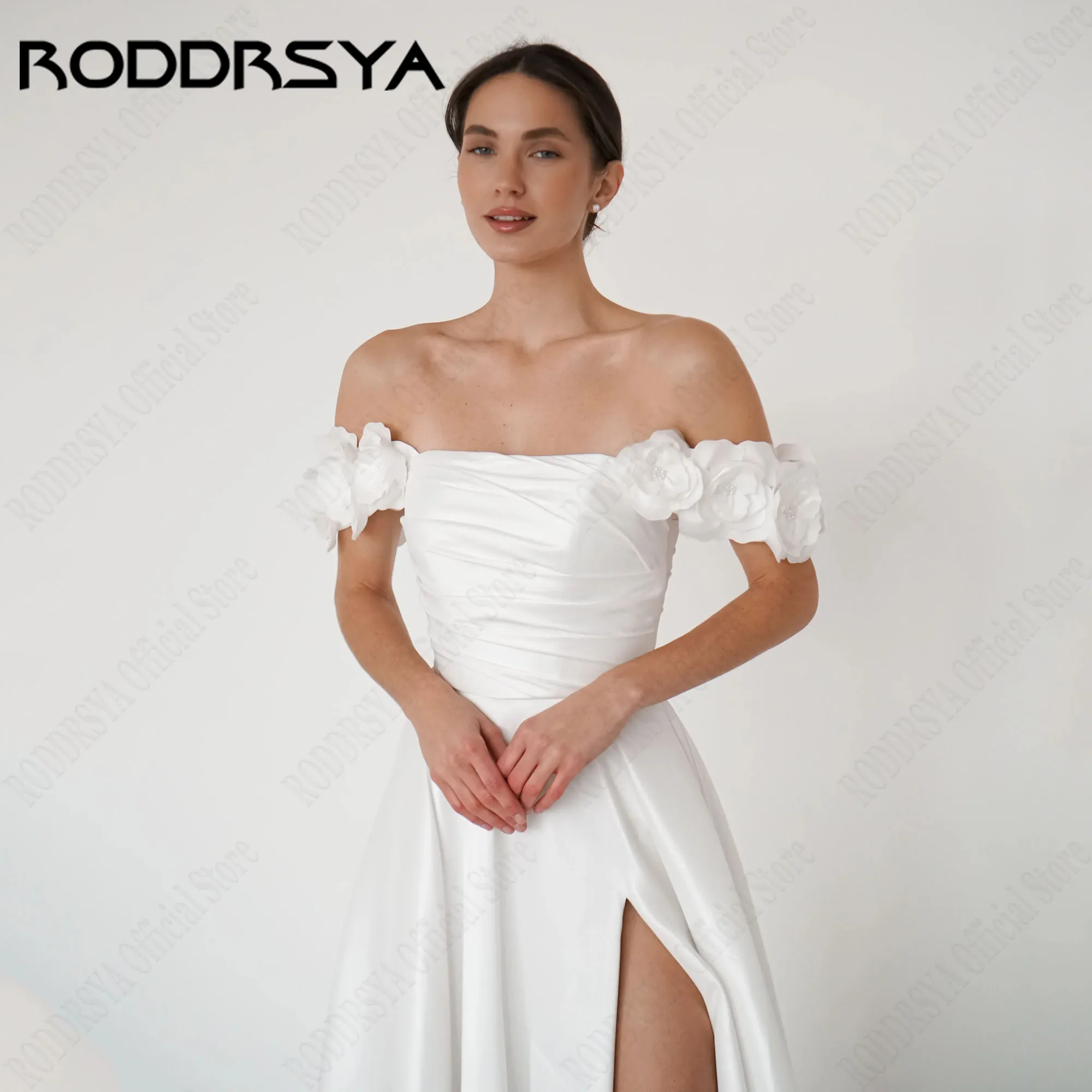 RODDRSYA Satin 3D Flowers Wedding Dresses Off Shoulder A-Line Side Slit robe de mariée Strapless Simple Bride Gowns Customized