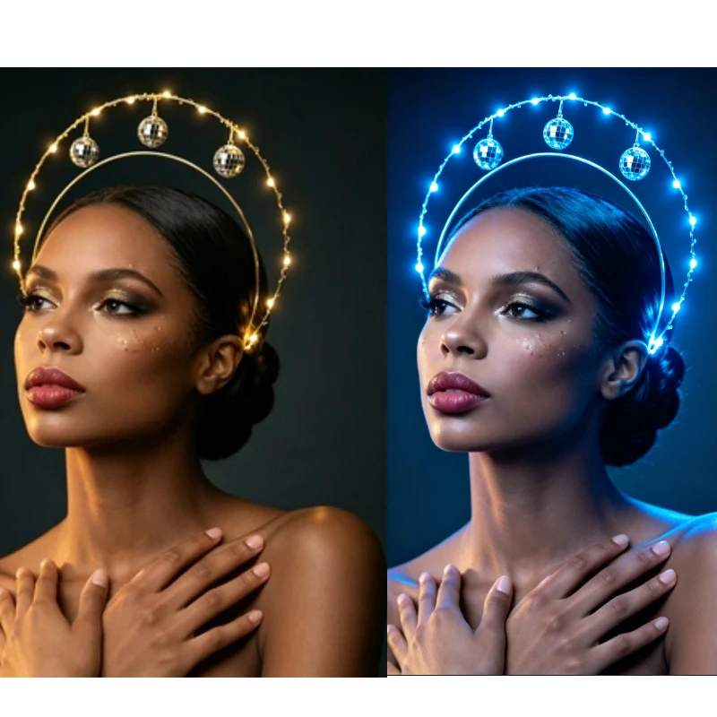 2pcs/ Disco Ball Double Halo Crown Headband, LED Glowing Gold Ring with 3 Mirror Balls and Lights, Festival Rave Headpiece