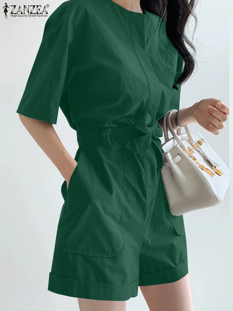 

ZANZEA Summer Casual Women Rompers Fashion O-Neck Half Sleeve Tie Wasit Wide Leg Shorts Playsuits Work Wear Loose Jumpsuits