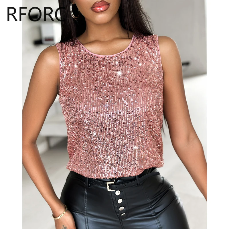 2024 donne Chic paillettes decorazione serbatoio senza maniche Sexy Camis Crop top