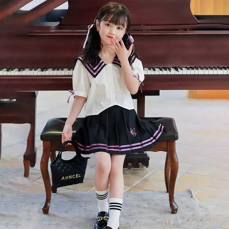 Kawaii Sanrioed Kuromi Kids Korte Mouw Pak Meisje Schattige Jk Uniform Geplooide Rok Preppy Mode Pak Zomer Kinderkleding