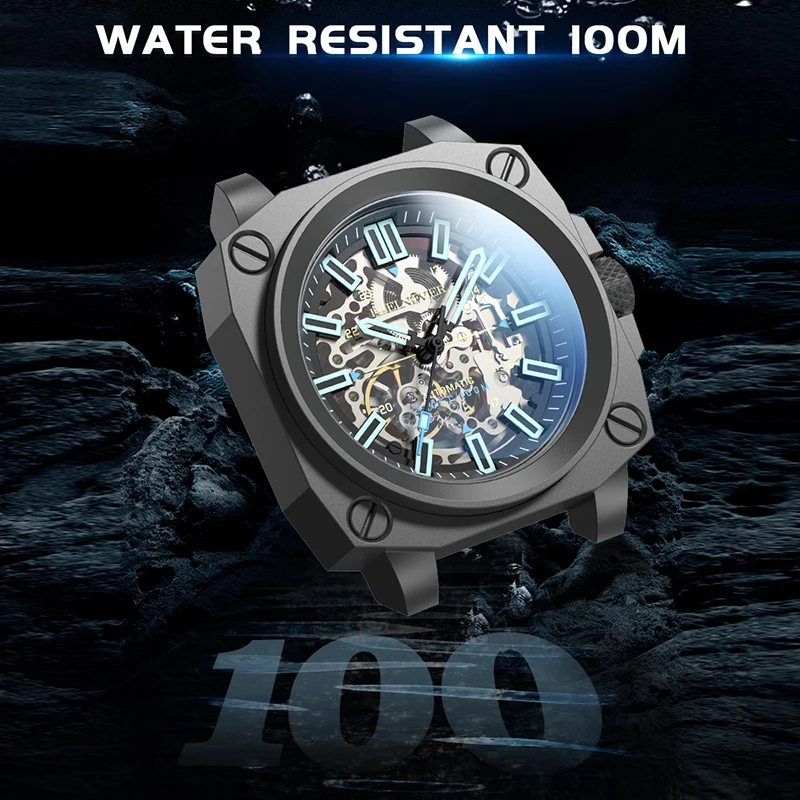 Feelnever Automatische Beweging Heren Horloge Mode Casual Sport Militair Roestvrij Staal Waterdicht Mechanisch Horloge Heren + Box