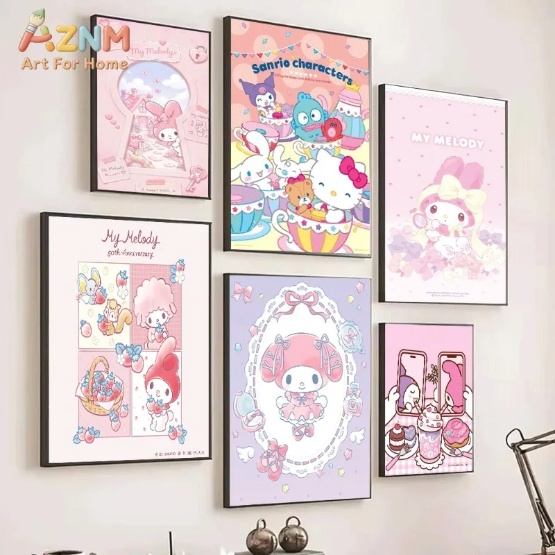 Kuromi My Melody Canvas Poster Cute Sanrio Cartoon Print Unframed Canvas Art Purple Floral Butterfly Plaid Sweet Kawaii Aestheti