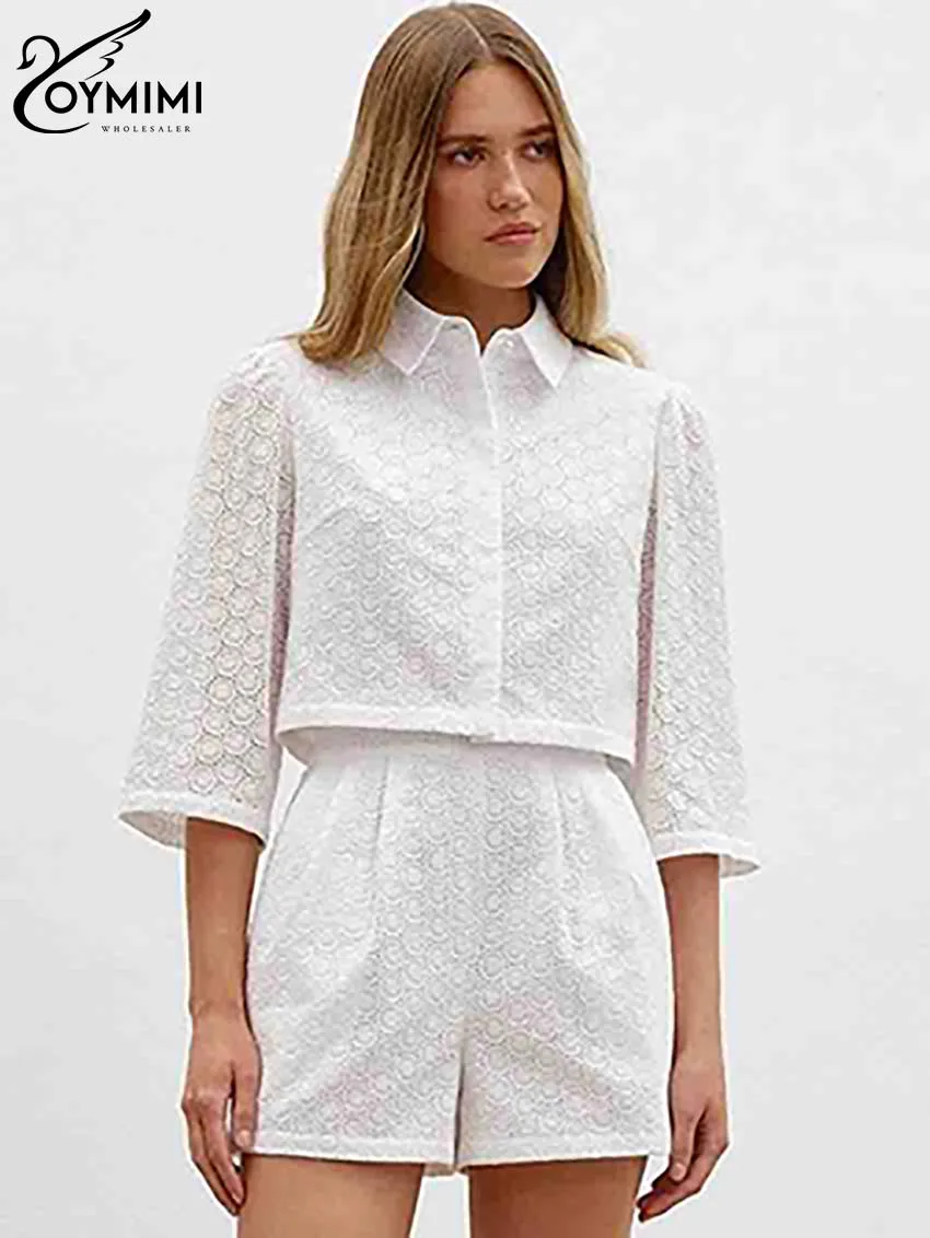 

Oymimi Casual White Cotton 2 Piece Sets Women Outfit Fashion Three Quarter Sleeve Button Shirts + High Waist Pockets Shorts Sets