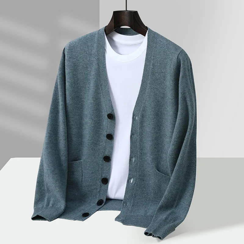 % Wool Cardigan Men'S Solid Color Button Sweater Business Casual Solid Color Long Sleeve Knitwear