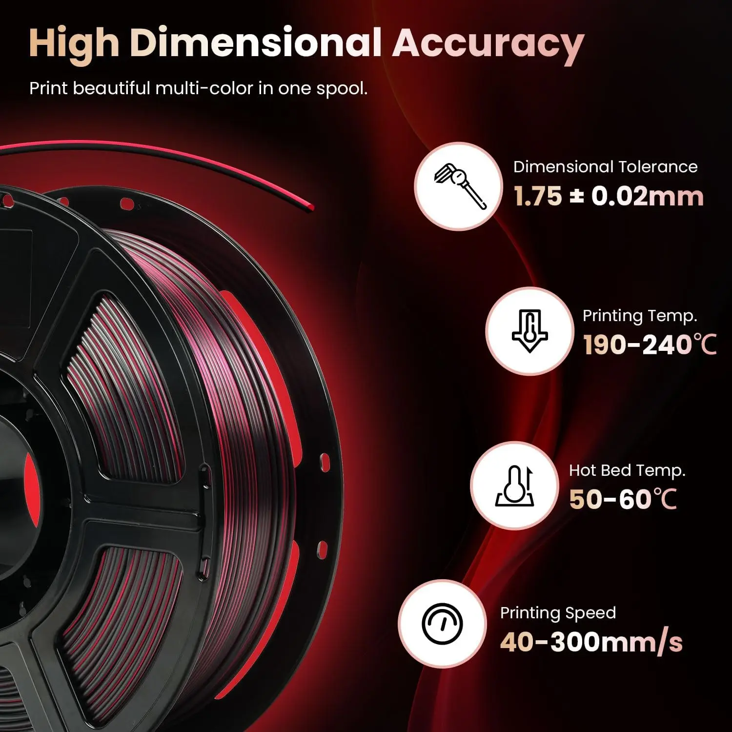 Silk Dual‑Color PLA 3D Printer Filament, 1.75mm Dimensional Accuracy +/-0.02mm, 250g Spool, Bicolor Two‑Tone Shiny Glossy PLA fo