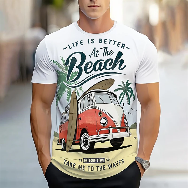 Summer Short Sleeve Mens Crew Neck 3D Printed T-shirts Loose Vacation Holiday Tees Casual Bus Graphic Beach T Shirts Fashion