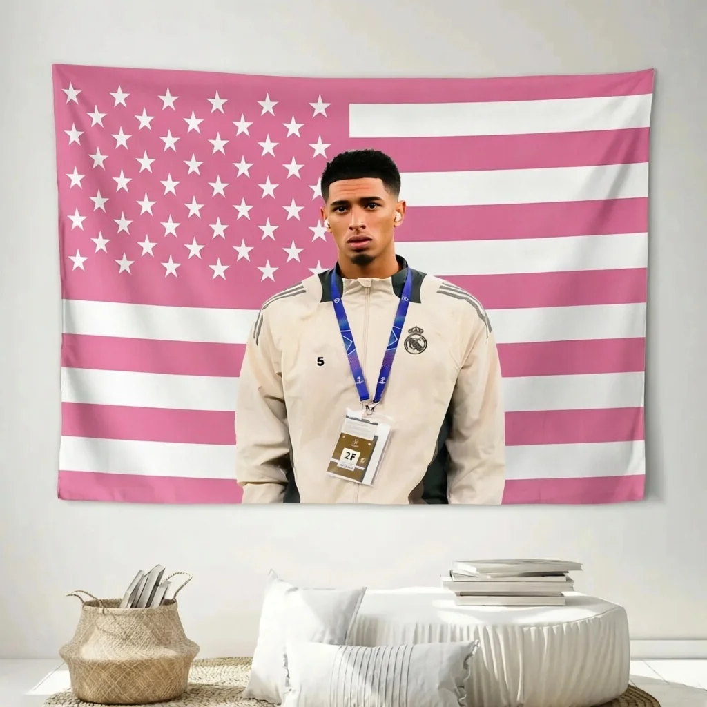 J-Jude B-Bellingham Football Athlete Wall Tapestry Pink US Flag Portrait Flag Sports Decor for Fans Dorm Bedroom Living Room