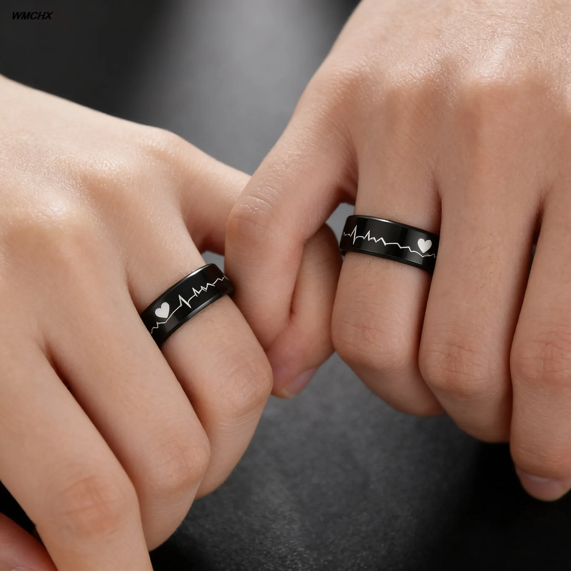 WMCHX   Ring Men/Women Stainless Steel Black Electrocardiogram Wave heartbeat Ring Fashion Jewelry Simple Style