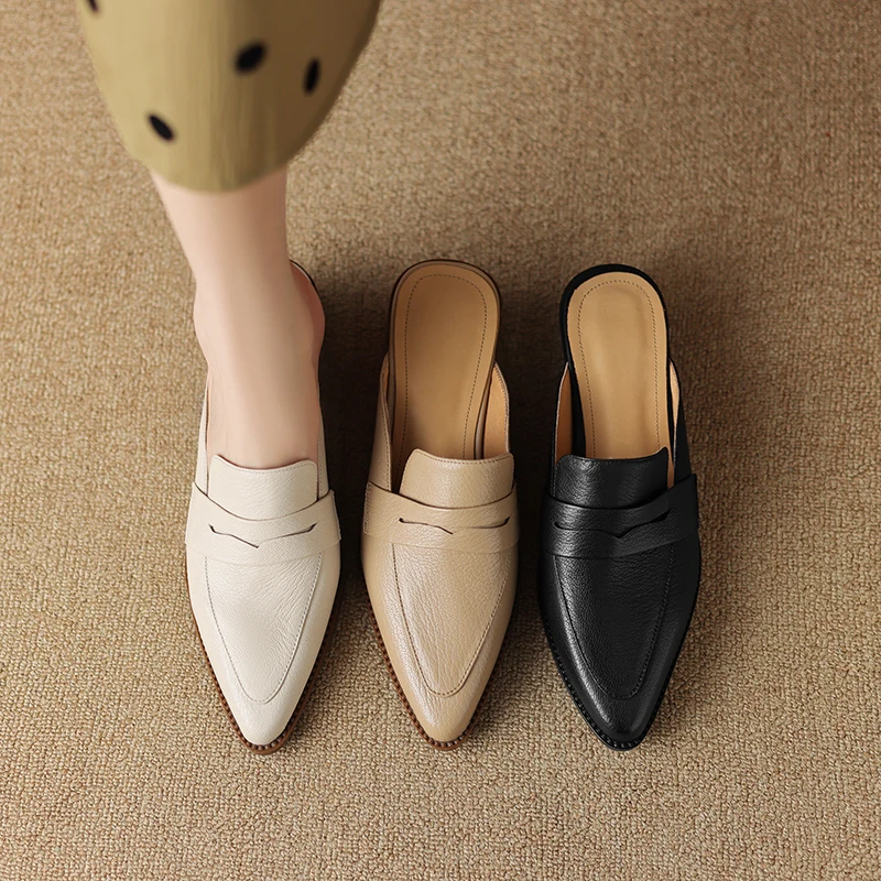 2026 summer women sandals natural leather 22-25cm sheepskin+cowhidee+pigskin pointed toe mules high heel women slippers fashion