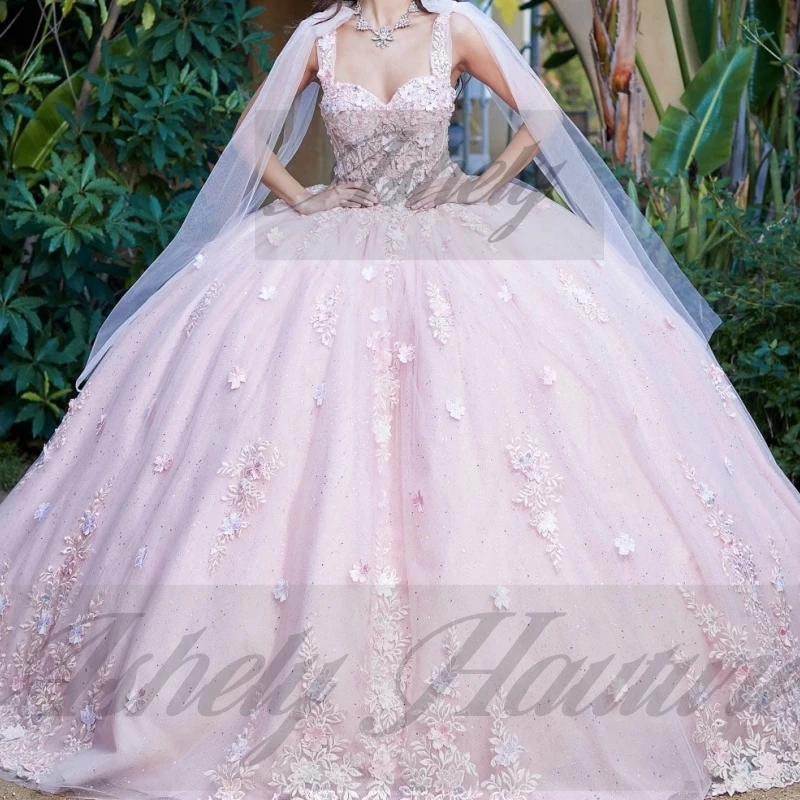 우아한 블러쉬 핑크 공주 소녀 Quinceanera 드레스 레이스 Applique 볼 가운 파티 파티 vestidos de 15 quinceañeras Customized