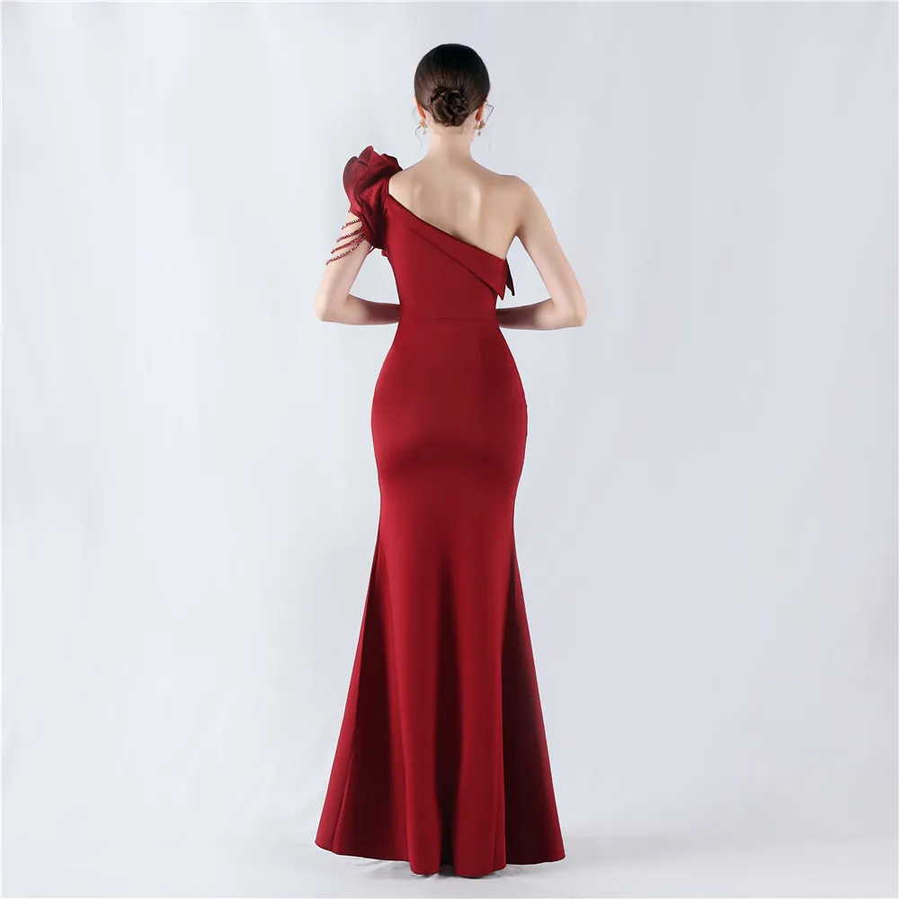 Customized Women's  One Shoulder  High Split Hot Drilling Formal  Mermaid Dress Evening Gown