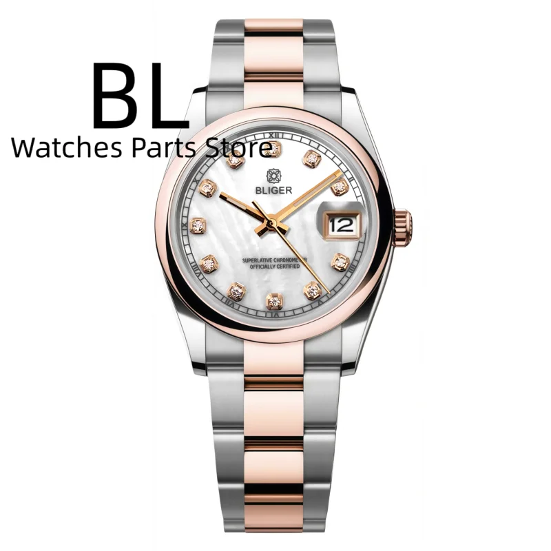 BLIGER Luxury 36mm Lady Watch NH35 Two Tone Rose Case Sapphire Glass Mother Of Pearl Dial Decorat Rose Diamond Index Waterproof