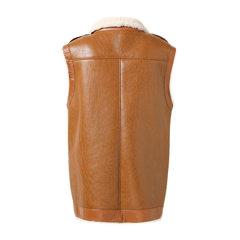 Women Shearing Leather Vest 2022 Genuine Sheepskin Waistcoat Wool Fur Lining Warm Sleeveless Fashion Cardigan Streetwear MH5157L