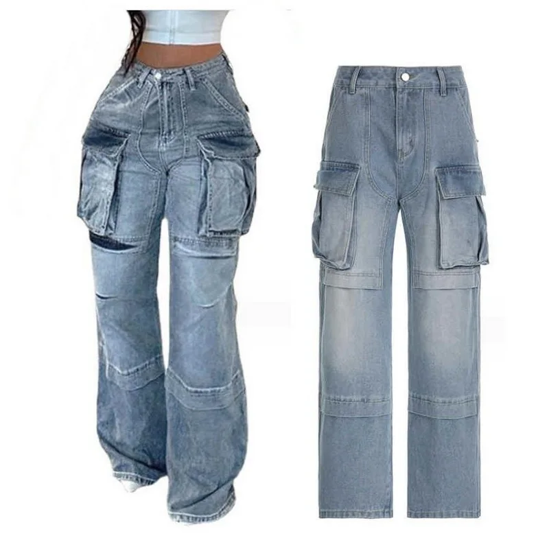 Multi-Pocket Washed Cargo Pants Women Y2K Spliced Streetwear High-Rise Loose Straight-Leg Jeans