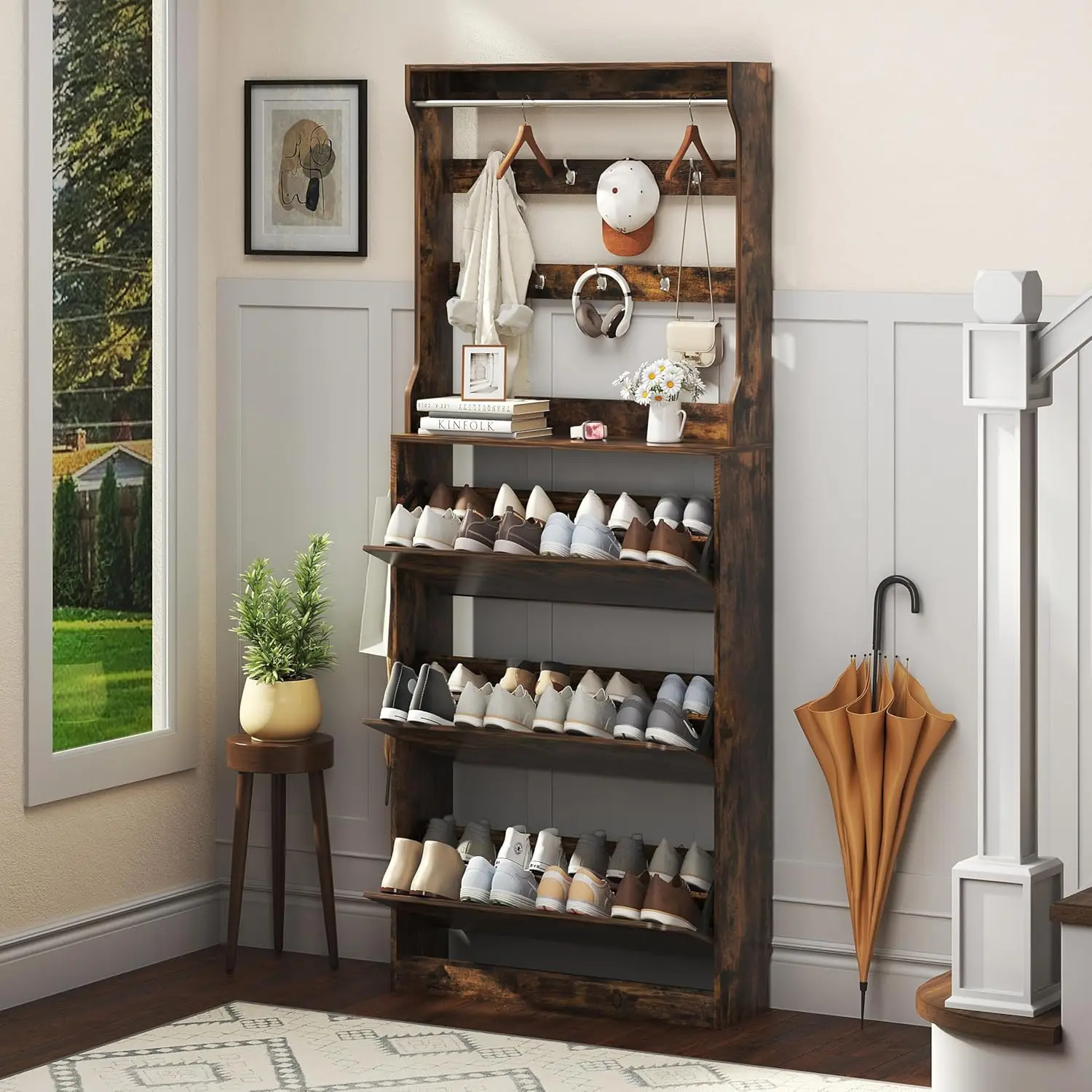 

Shoe Cabinet for Entryway with 3 Flip Drawers, Brown Tall Wood Shoe Storage Cabinet with Coat Rack, Narrow Hidden, Customized