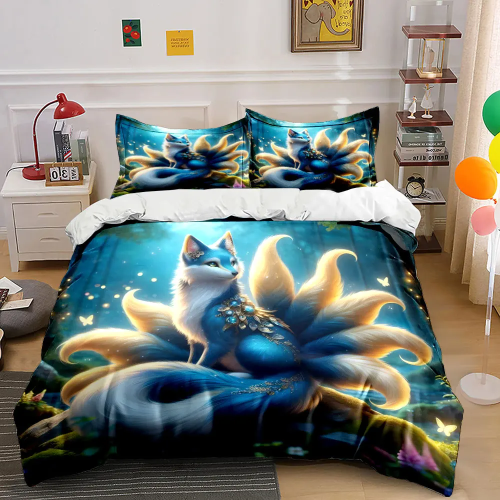 Mystical Blue Fox in Forest Bedding Set for Kids Luxury Gift 3pcs Digital Print Comforter Set Soft Comfortable Breathable