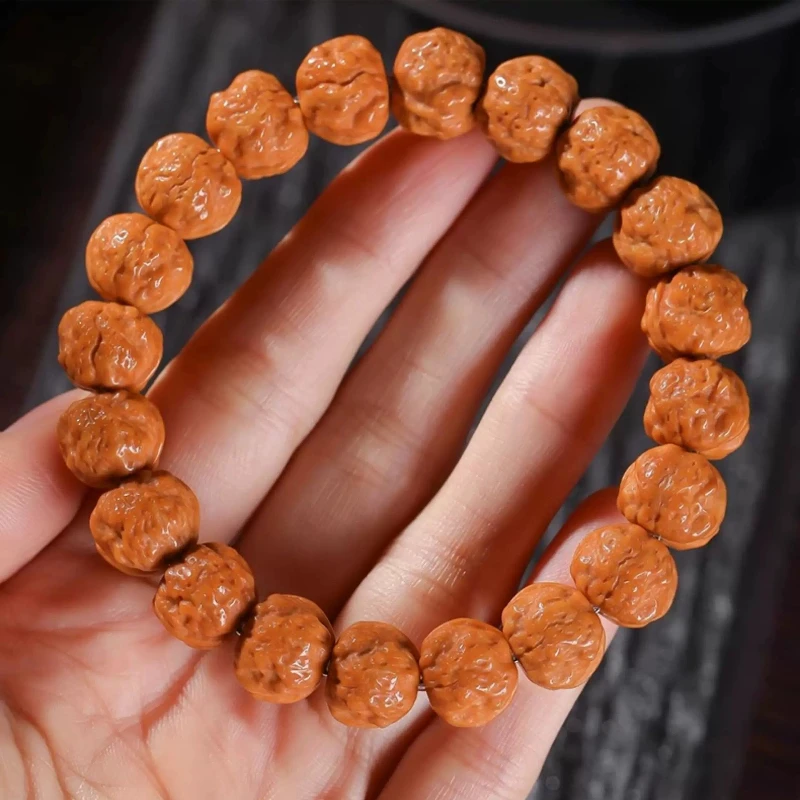 Traditional Chinese Style Carved Golden Toad Pattern Monkey Head Walnut Beaded Bracelet Lucky Wealth Blessing Prayer Beads Unise