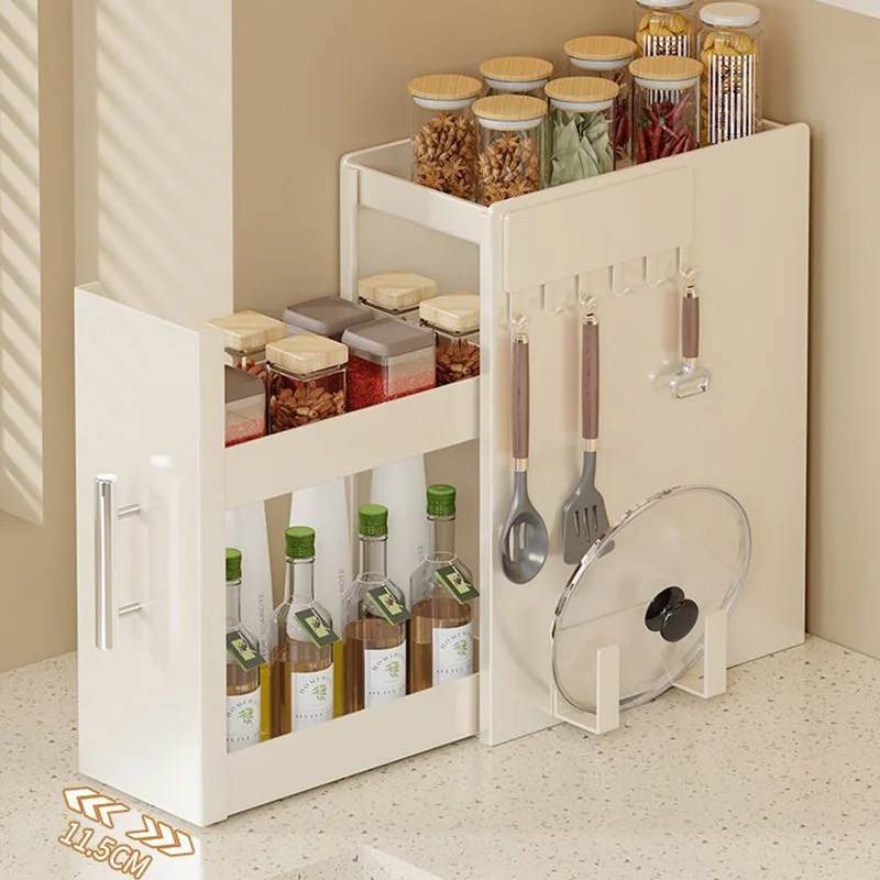 Slim Carbon Steel Kitchen Spice Rack Two Or Three Tier Narrow Countertop Organizer Optional Magnetic Hooks Cutting Board Holder