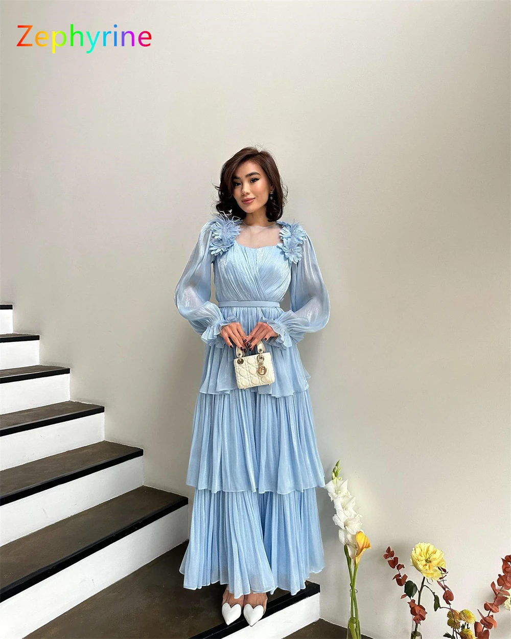 Customized Simple Blue Chiffon Evening Dress Exquisite Square Collar Long Sleeves Homecoming Dresses Fashion Vestido De Festa