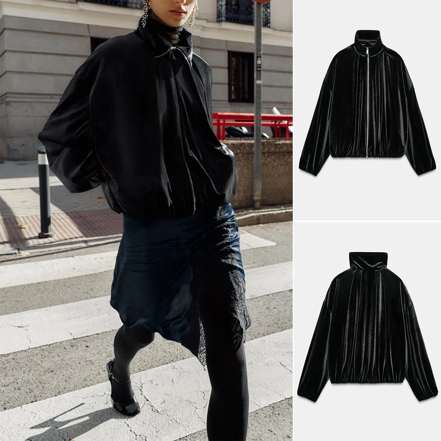 

Winter New Arrival Women's Velvet Pilot Jaet Long Sve Stand Collar ort Outerwear French Sle Polyester Fiber Zipper
