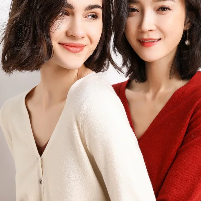 

2025 Women Cardigans Long Sleeve Knitted Outerwear Solid Thin Spring Autumn Sweaters V-neck Knitwears Korean Fashion Cardigans