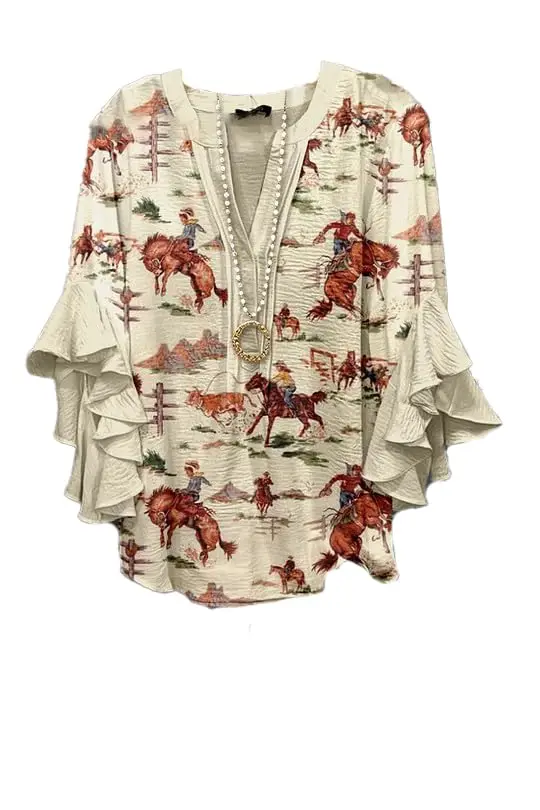 Women's Western Cowboy Print Ruffle Sleeve Blouse, Casual Tops for Spring Summer Daily Streetwear & Retro Occasions